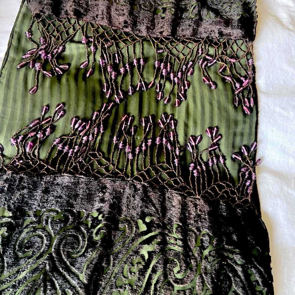 Emerald green burnout scarf with heavily beaded fringe